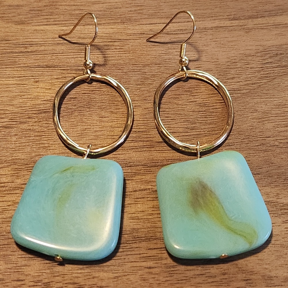 Gold Tone Hoop and Marbled Turquoise Resin Square Geometric Drop Earrings 3 Inch